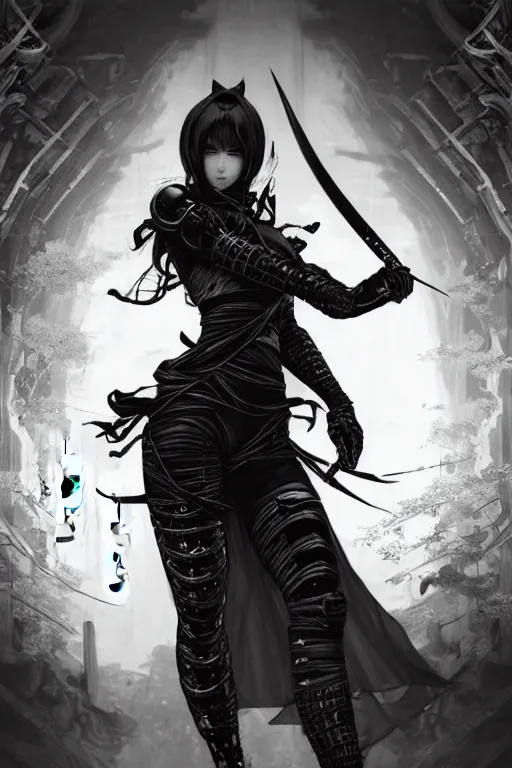 Image similar to portrait Ninja gaiden girl, armored black and white ninja wardrobe, in ruin japanese rainny temple night, ssci-fi and fantasy, intricate and very very beautiful and elegant, highly detailed, digital painting, artstation, concept art, smooth and sharp focus, illustration, art by tian zi and WLOP and alphonse mucha