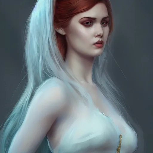 Prompt: wearing a full tight curvy long dress young female with lens, ultra realistic soft painting, floating long hair, perfectly detailed linework, symmetrical accurate intricate features, highly detailed, artstation, sharp focus, tom bagshaw