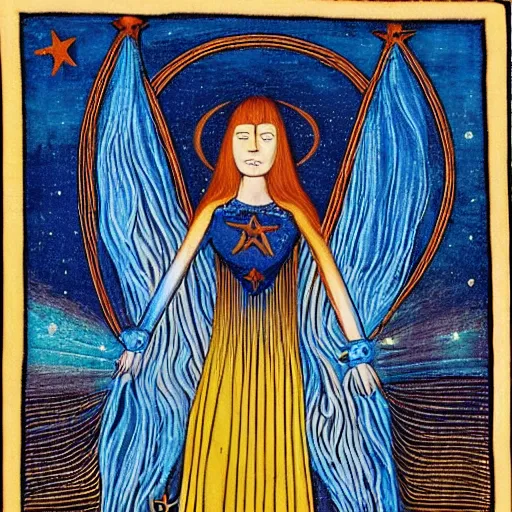 Prompt: melancholic medieval by paul laffoley, by jerry siegel. a computer art of a woman with wings made of stars, surrounded by a blue & white night sky. the woman is holding a staff in one hand, & a star in the other. she is wearing a billowing dress, & her hair is blowing in the wind.