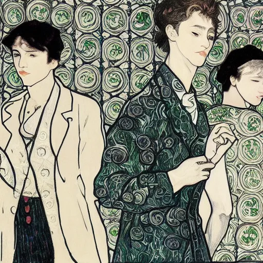 Prompt: taehyung at the cucumber soup party, elegant, clear, alphonse mucha, vincent van gogh, egon schiele,