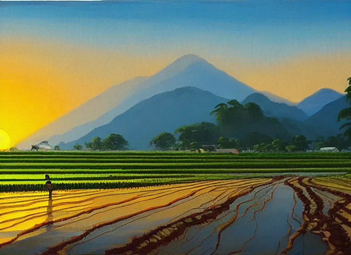 Image similar to painting of a road between rice paddy fields, two big mountains in the background, big yellow sun rising between 2 mountains, oil painting by basuki abdullah