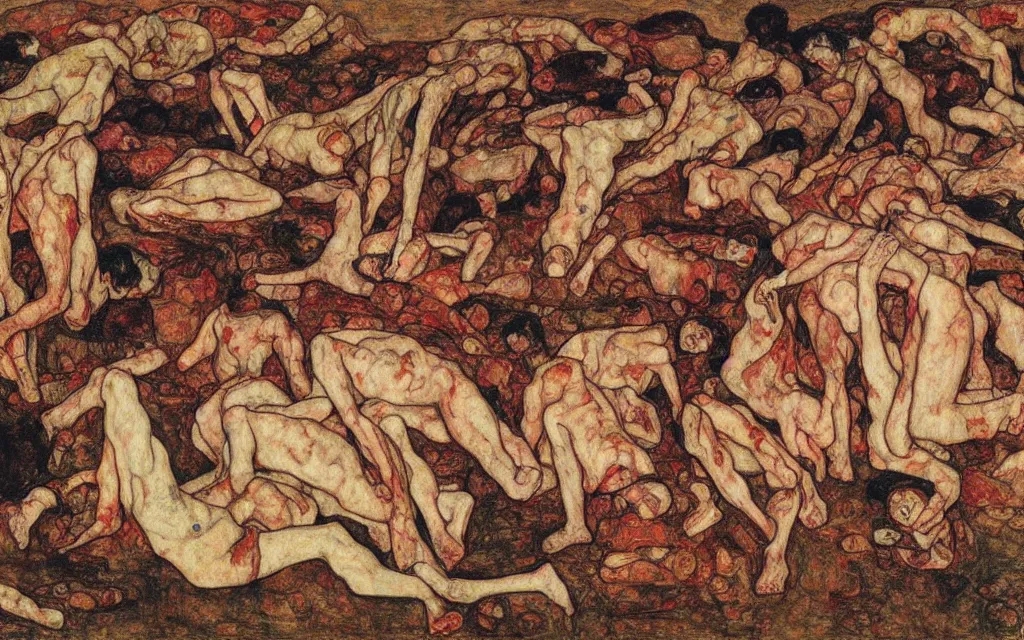 Image similar to a painting of a pile of bodies by egon schiele with influence of zdzisław beksinski, alfred kubin, oskar kokoschka, and egon schiele