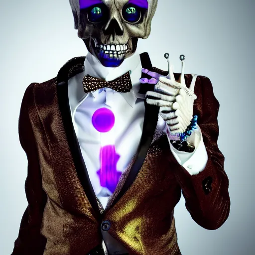 Image similar to a detailed professional portrait of a fancy skeleton with expressive features and metallic teeth, metal teeth, professional photography, longshot, full portrait, skeleton in a suit, purple glowing eyes