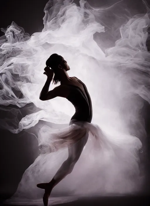 Image similar to a Photorealistic dramatic hyperrealistic render of a glamorous beautiful Female smoke dancer by Ken Brower and Deborah Ory of NYC Dance project,Lois Greenfield,Flowing cloth and smoke,Beautiful dynamic dramatic dark moody lighting,volumetric,shadows,cinematic atmosphere,Octane render,8K