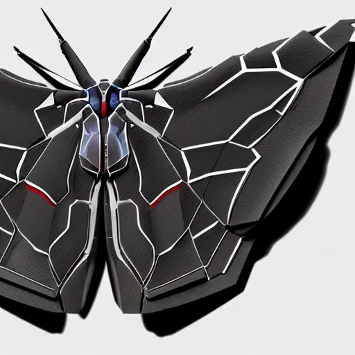 Prompt: a mechanized atlas moth, gunmetal grey, very symmetrical, orthographic view, top down view, bottom view, side view, blueprints, mecha, jet fighter, cybernetic, robotic, highly detailed, artstation, autodesk maya, super realistic, unreal engine