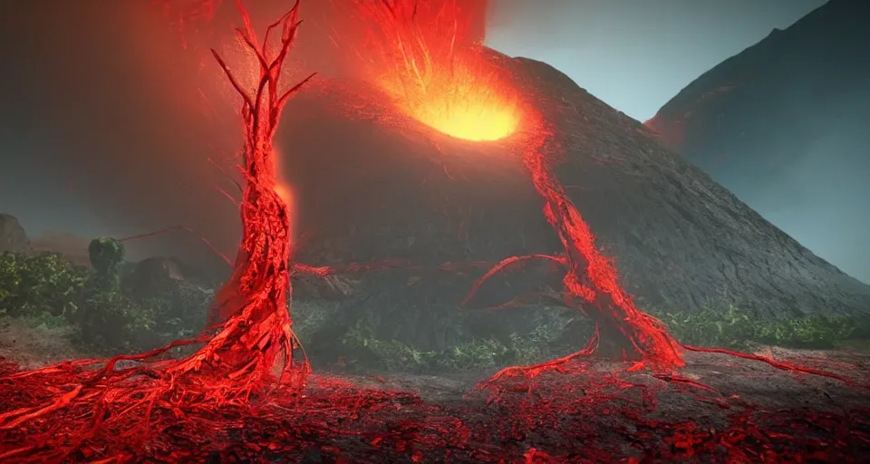 Prompt: a volcano made of ivory vines and crimson rocks enters in eruption, it spits a smoke in the shape of demonic eye, with CRYENGINE