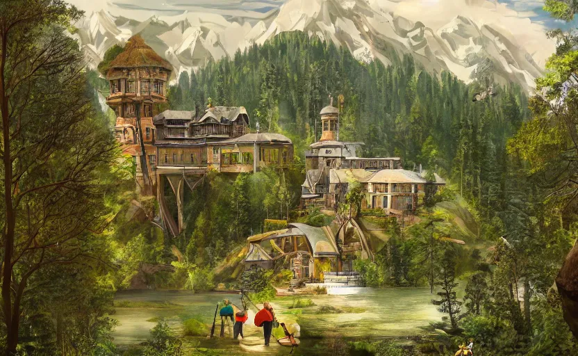 Prompt: a magic school hidden in the mountains surrounded by forests and a lake to it's back, an observatory with a huge telescope, a greenhouse with lush flora, students walking and flying on brooms, artstation, gouache, high detail, stylized