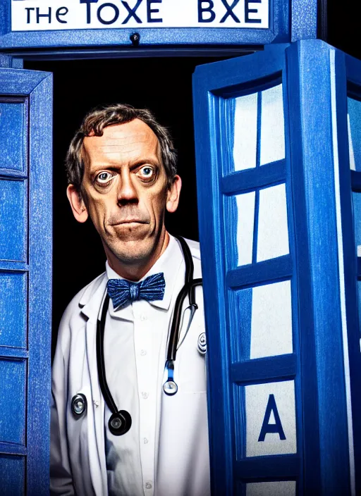 Image similar to dslr photo portrait still of hugh laurie as doctor who in front of a nebula through the open door of the tardis, 8 k, 8 5 mm f 1. 4