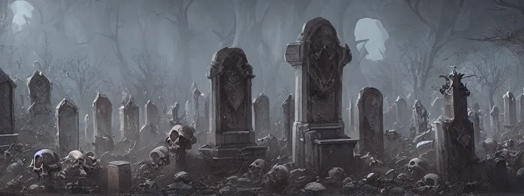 Image similar to a graveyard of skulls, greg rutkowski