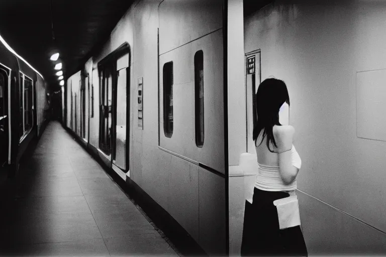 Prompt: girl in crop top in a subway, richard avedon, tri - x pan, ominous lighting