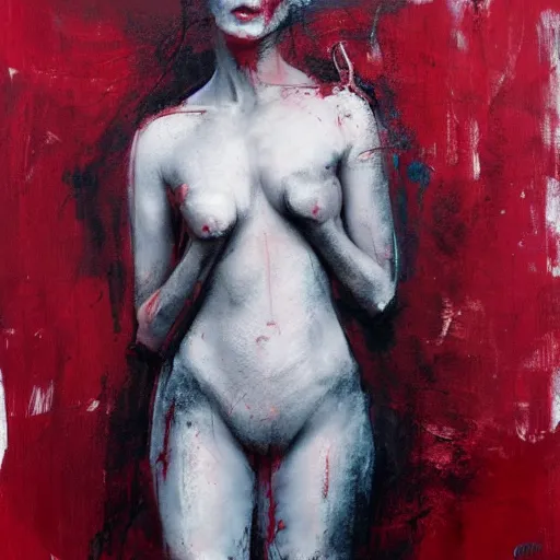 Image similar to full body portrait of a woman in the shape of red paint, artwork by guy denning and charlie bowater,