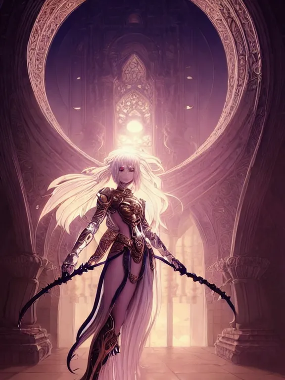 Image similar to full body picture of a moon knightress in the temple, coveted, beautiful and aesthetic, intricate, unreal engine, messy hair, highly detailed, detailed face, smooth, sharp focus, chiaroscuro, manga illustration, artgerm, greg rutkowski, ilya kuvshinov, rossdraws, alphonse mucha, young adult light novel cover art