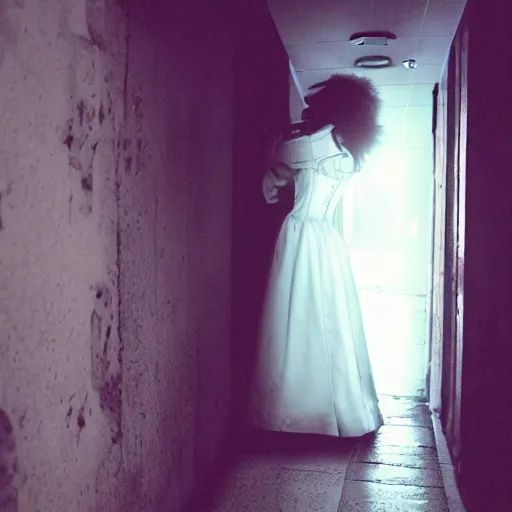 Image similar to creepy ghost woman in a corset standing at the end of a dark hallway