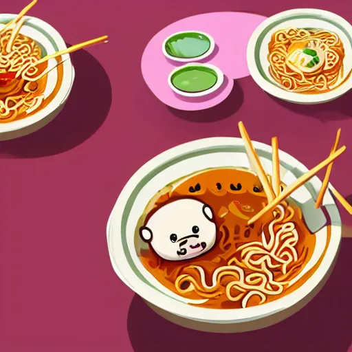 Image similar to cute cartoon axolotl eating ramen, colorful, artstation hd