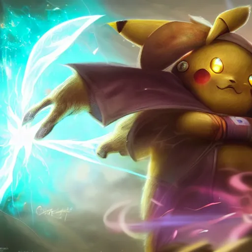 Image similar to portrait of pikachu as a spellcaster, league of legends amazing splashscreen artwork, legends of runeterra, splash art, natural light, elegant, photorealistic facial features, intricate, fantasy, detailed face, atmospheric lighting, anamorphic lens flare, cinematic lighting, league of legends splash art, hd wallpaper, ultra high details by greg rutkowski