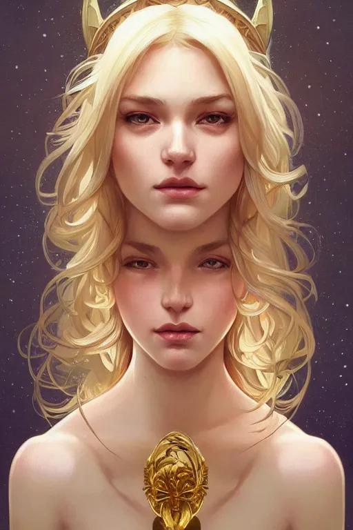 Image similar to a beautiful blond goddess girl, fantasy, portrait, sharp focus, intricate, elegant, digital painting, artstation, matte, highly detailed, concept art, illustration, ambient lighting, art by ilya kuvshinov, artgerm, Alphonse mucha, and Greg Rutkowski