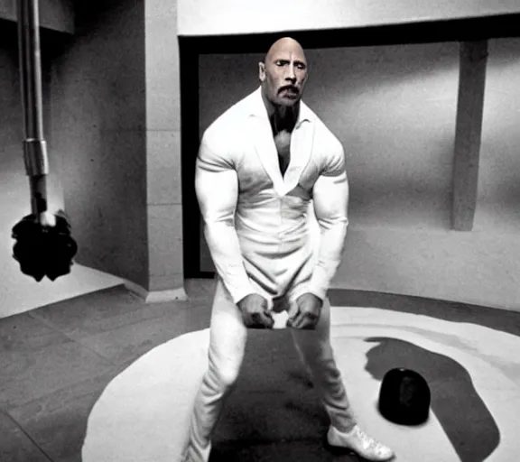 Image similar to dwayne johnson in a clockwork orange, white clothes, movie still, shot by stanley kubrick