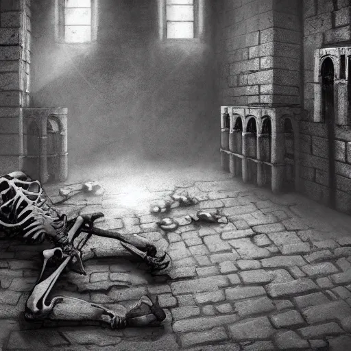 Image similar to skeleton laying in a dungeon, moody atmosphere, medieval prison, dungeon cell, prison cell, dusty, artstation award, ultra - realistic, illustration, bones