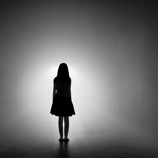 Prompt: dim lights shining through dark fog, emptiness, silhouette of a girl standing small, skirt, spooky found footage, dramatic contrast, vast empty hall, trending on artstation