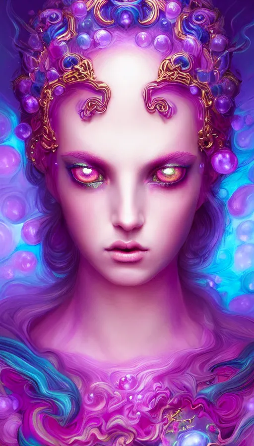 Prompt: portrait of magical daemon, dark fantasy, gradient magenta cyan, dreamy and ethereal, (colour) eyes, one head, golden ratio, peaceful expression, ornate frilly dress, fantasy, intricate, elegant, rainbow bubbles, highly detailed, digital painting, artstation, concept art, smooth,b sharp focus, illustration, art by artgerm and greg rutkowski and alphonse mucha