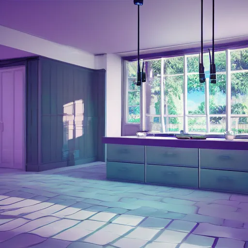 Image similar to vaporwave kitchen, liminal space, high detail, rendered in unreal engine, 3d render, god rays, volumetric lighting, mansion, interior, large windows, rich house