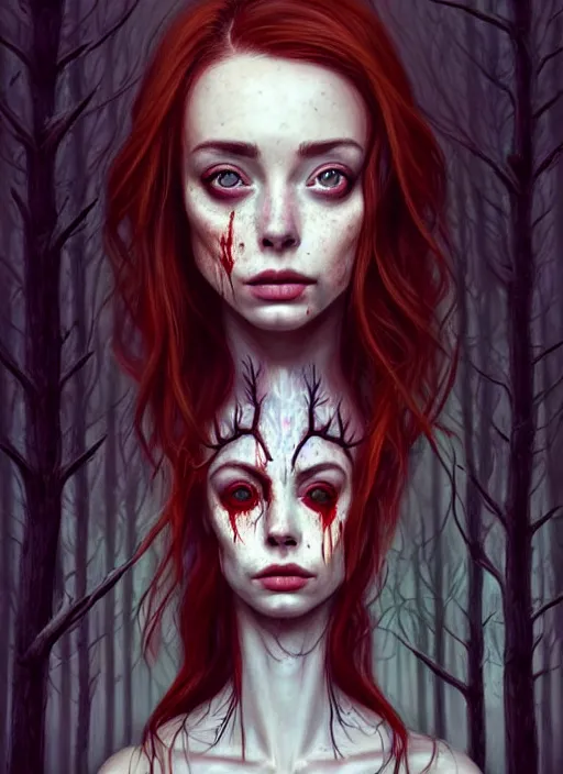 Image similar to surrounded by trees, realistic character concept, gorgeous Kacey Rohl, red hair, small freckles, Wendigo antlers, symmetrical face, symmetrical eyes, full body, covered in blood, dark forest, trees, shorter neck, cinematic lighting, Joshua Middleton and artgerm, fear anxiety terror