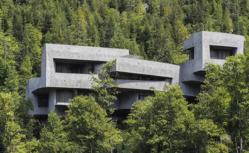 Prompt: Neo-future brutalist house on a secluded mountain with trees around