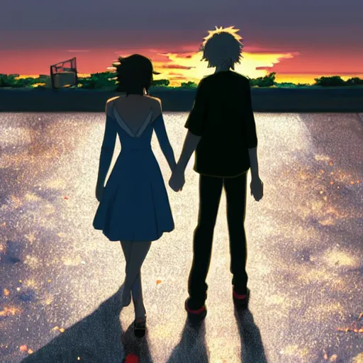 Prompt: lovers holding hands walking into the sunset in style of Makoto Shinkai