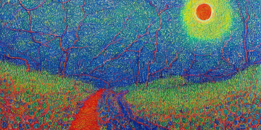 Image similar to 🌲🌌, pointalism, acrylic on canvas, expressionism movement, breathtaking detailed, by blake neubert