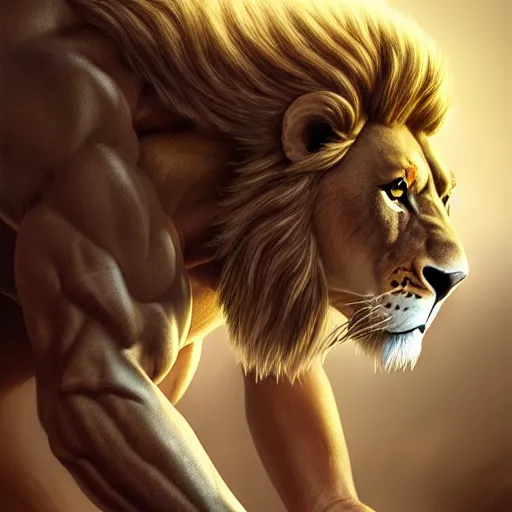 Image similar to a muscular half man half lion mutant creature,digital art,ultra realistic,ultra detailed,art by greg rutkowski,hyperdetailed,anthropomorphic,photorealistic,trendimg on artstation,deviantart,photorealiatic,hyperdetailed,hyperrealistic,studio lighting,studio photography,professional photography,professional lighting,detailed face,3 point lighting,4k