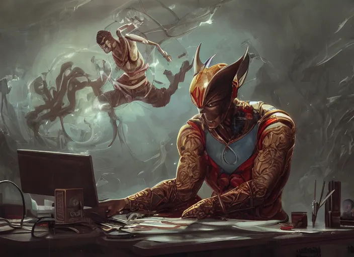 Image similar to an insanely detailed painting of an asian man wearing a homemade superhero costume, sitting at a desk, staring seriously at the computer and typing, in the style of peter mohrbacher, james jean, artgerm, dramatic lighting and composition, surreal background, octane render, pixar, trending on artstation, concept art, comic book, view from behind, 8 k