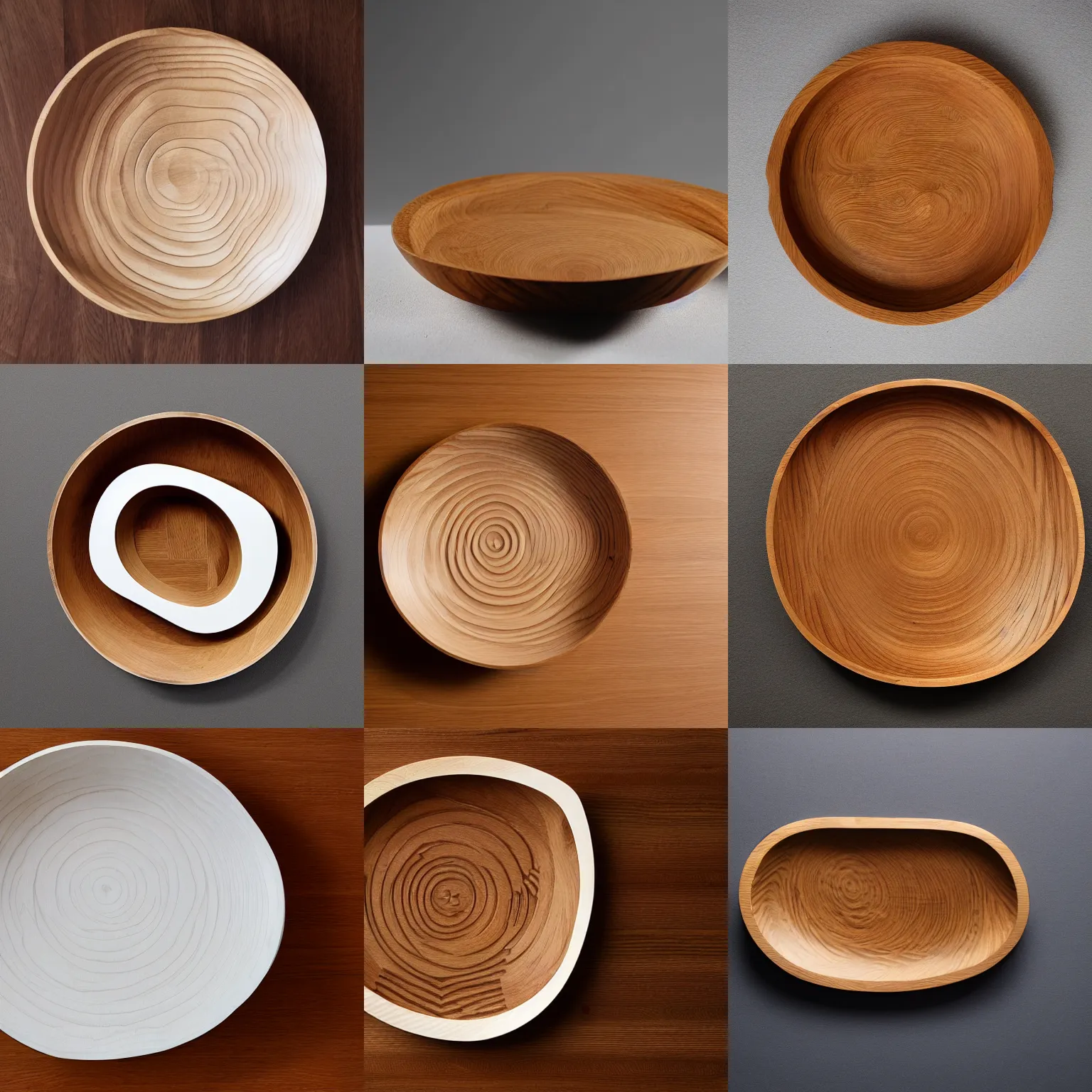 Prompt: Modern, sleek, cnc carved oak wood dish with flowing convex and concave surfaces; Japanese style, oiled oak wood, on white background with studio lights