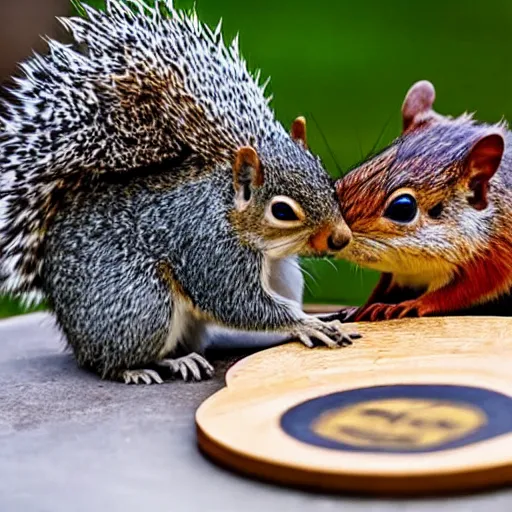 Image similar to a squirrel and a hedgehog sit at a round table and they are shaking hands, a peace treaty sits in the middle of the table, historic photo, united nations