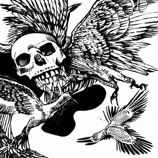 Prompt: black and white comic book illustration of a skull with birds flying out of its mouth