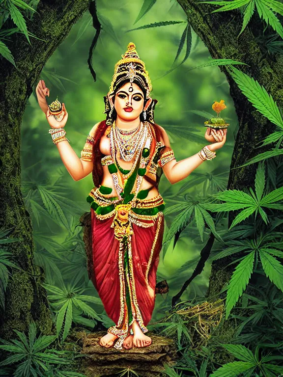 Image similar to hindu goddess in cannabis forest, film photo, grainy, high detail, high resolution,