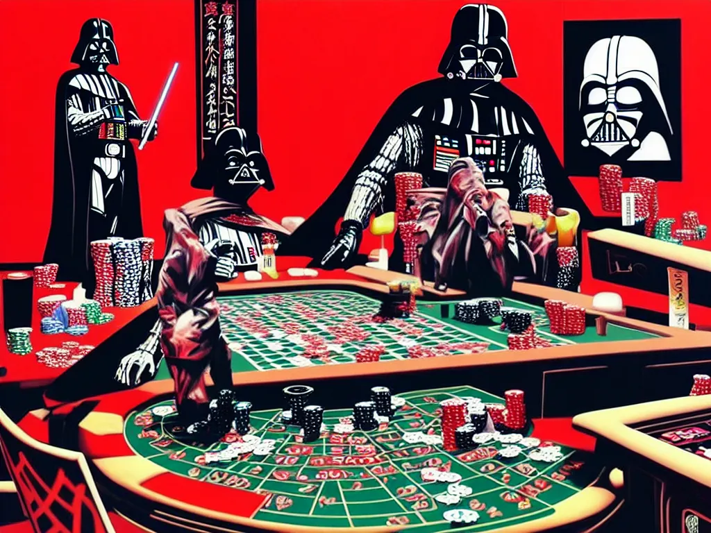 Image similar to hyper - realistic composition of a room with an extremely detailed poker table, croupier in traditional japanese kimono standing nearby, darth vader sitting at the table, fireworks in the background, pop art style, jackie tsai style, andy warhol style, acrylic on canvas