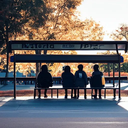 Image similar to photo of people waiting at bus stop, afternoon lighting