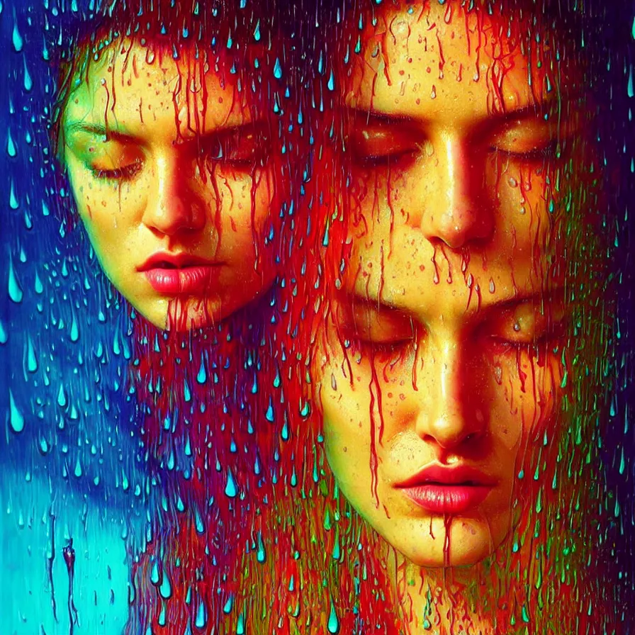 Image similar to bright asthetic portrait of LSD in rain with wet hair and face, liquid, fantasy, intricate, elegant, dramatic lighting, highly detailed, lifelike, photorealistic, digital painting, artstation, illustration, concept art, smooth, sharp focus, art by John Collier and Albert Aublet and Krenz Cushart and Artem Demura and Alphonse Mucha