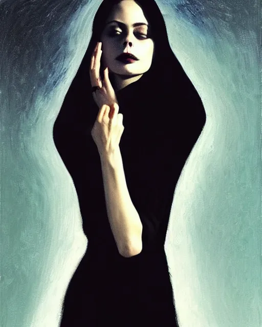 Image similar to style of jeremy lipking : : gorgeous willa holland : : evil witch, swirling black magic, black dress : : symmetrical face, symmetrical eyes : : full body pose : : gorgeous black hair : : magic lighting, low spacial lighting : :