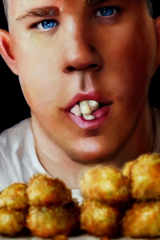 Prompt: a tater tot with channing tatum face, tater tot channing tatum, oil on canvas, intricate, 8 k highly professionally detailed, hdr, cgsociety