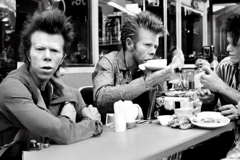 Image similar to tom waits having breakfast at a diner with david bowie, two shot angle, black and white
