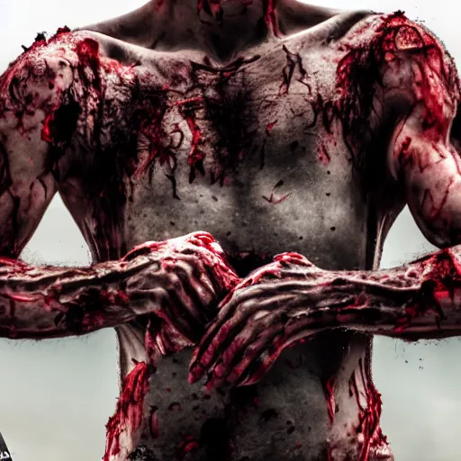 Image similar to ultra detailed photo of a man with many bloody arms covering his entire body