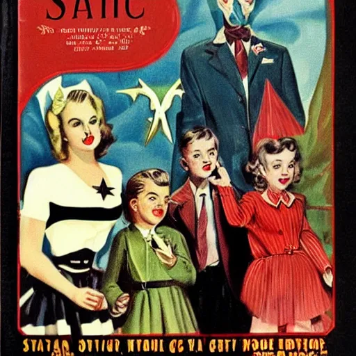 Prompt: Satanic States of America, alternate history, 1950s family, goth family, suburbia, Americana