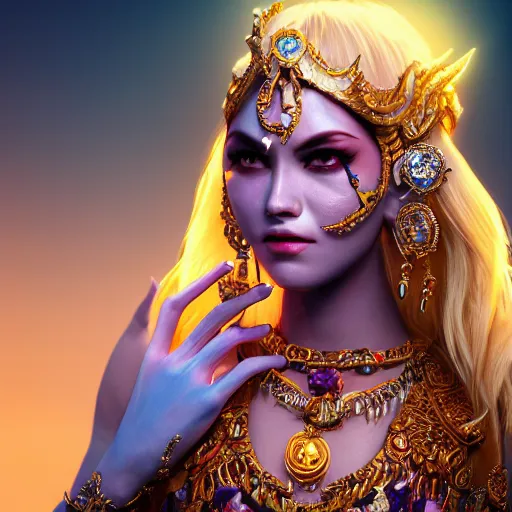 Image similar to portrait of demon goddess with perfect skin, glowing, ornate and intricate blue jewelry, jaw dropping beauty, glowing background lighting, white accent lighting, hyper detailed, 4 k octane render