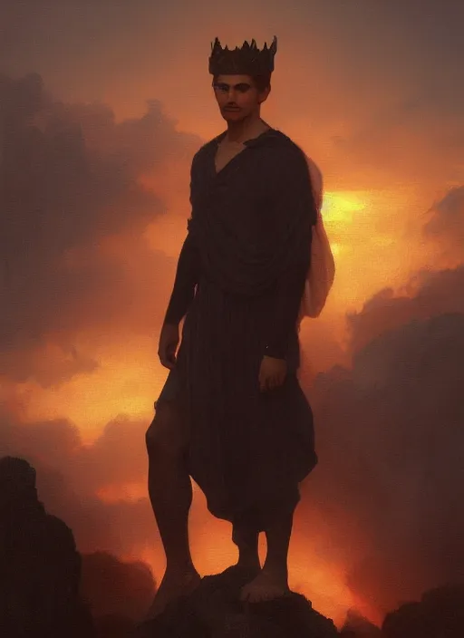 Prompt: oil painting of a handsome young man with dark hair, wearing a crown of fire!! at sunset, hazy, digital art, chiaroscuro, artstation, cinematic, golden hour, digital art painting by greg rutkowski, william - adolphe bouguereau, hazy atmosphere, cinematic lighting