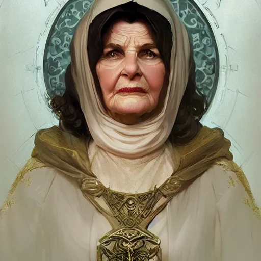 Prompt: mrs doubtfire as a cleric, d & d, fantasy, intricate, elegant, highly detailed, digital painting, artstation, concept art, matte, sharp focus, illustration, art by greg rutkowski and alphonse mucha