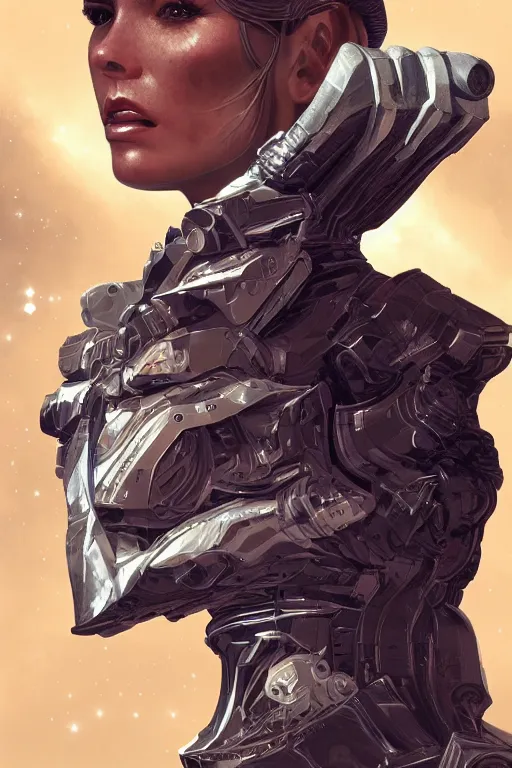 Image similar to portrait of a space cyborg, 3d, third person, lasers, cosmic background, fantasy, intricate, elegant, highly detailed, lifelike, photorealistic, digital painting, artstation, illustration, concept art, sharp focus, art by adam hughes