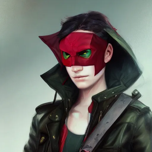 Prompt: portrait of an experienced young ranger with green eyes and short black hair wearing a red hood and a leather vest, artwork by Charlie Bowater, 8k resolution, trending on art station