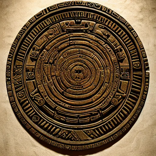 Prompt: stargate inscribed with the panoply of aztec gods. Ancient alien artifact by Pacal Votan. 4K high quality museum collection photograph