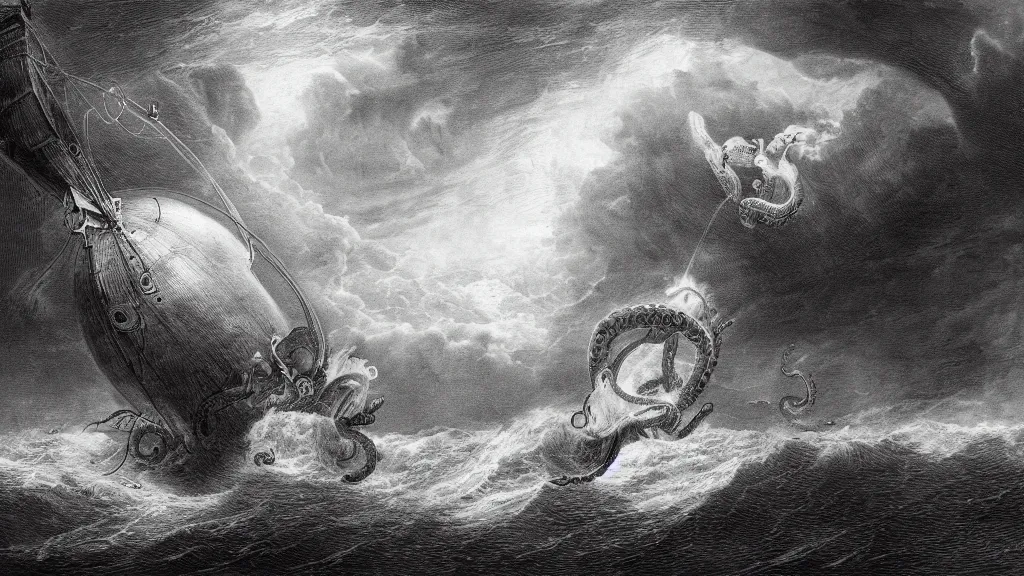 Prompt: drawing of an octopus attacking an airship above a stormy ocean, by gustave dore, nineteenth century, black and white, vintage, science fiction, epic composition, dramatic lighting, highly detailed